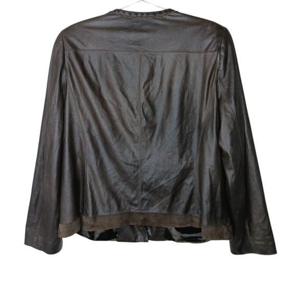 Tahari Woman 100% Leather Jacket Brown Suede Trim Open Front Pockets Boho Chic L - Picture 4 of 16